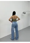 Mavi Dikiş Detaylı Yıkamalı Baggy Geniş Paça Yüksek Bel Oturtmalı Jean Kot Pantolon