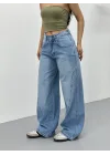 Mavi Dikiş Detaylı Yıkamalı Baggy Geniş Paça Yüksek Bel Oturtmalı Jean Kot Pantolon