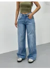 Mavi Dikiş Detaylı Yıkamalı Baggy Geniş Paça Yüksek Bel Oturtmalı Jean Kot Pantolon