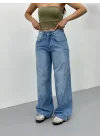Mavi Dikiş Detaylı Yıkamalı Baggy Geniş Paça Yüksek Bel Oturtmalı Jean Kot Pantolon