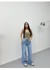 Mavi Dikiş Detaylı Yıkamalı Baggy Geniş Paça Yüksek Bel Oturtmalı Jean Kot Pantolon