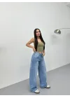 Mavi Dikiş Detaylı Yıkamalı Baggy Geniş Paça Yüksek Bel Oturtmalı Jean Kot Pantolon