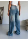 Mavi Dizi Dikiş Detaylı Retro Yeşil Yıkamalı Baggy Geniş Paça Yüksek Bel Oturtmalı Jean Kot Pantolon