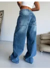Mavi Dizi Yamalı Retro Yıkamalı Baggy Geniş Paça Yüksek Bel Oturtmalı Jean Kot Pantolon