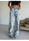 Mavi Kiraz İşlemeli Yıkamalı Baggy Geniş Paça Yüksek Bel Oturtmalı Jean Kot Pantolon