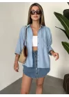 Mavi Oversize Salaş Basic Keten Gömlek