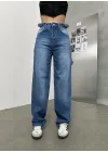 Mavi Palaska Tokalı Yıkamalı Baggy Geniş Paça Yüksek Bel Oturtmalı Jean Kot Pantolon