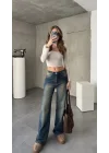 Mavi Yeşil Yıkamalı Baggy Geniş Paça Yüksek Bel Wide Leg Jean Kot Pantolon