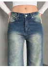 Mavi Yeşil Yıkamalı Baggy Geniş Paça Yüksek Bel Wide Leg Jean Kot Pantolon