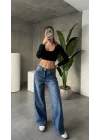 Mavi Yıkamalı Süper Baggy Ektra Geniş Paça Yüksek Bel Jean Kot Pantolon