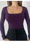 Mor Kare Yaka Parmak Geçirmeli Uzun Kol Candy Body Bluz