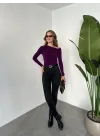 Mor Tek Omuz Kayık Yaka Büzgülü Parmak Geçirmeli Body Bluz