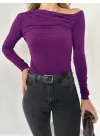Mor Tek Omuz Kayık Yaka Büzgülü Parmak Geçirmeli Body Bluz