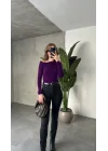 Mor Tek Omuz Kayık Yaka Büzgülü Parmak Geçirmeli Body Bluz