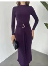 Mor Zr Model Bisiklet Yaka Aksesuarlı Kuşaklı Midi Boy Candy Elbise
