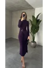Mor Zr Model Bisiklet Yaka Aksesuarlı Kuşaklı Midi Boy Candy Elbise
