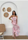 Pembe Çiçek Desenli Straplez Tül Elbise