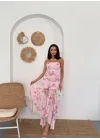 Pembe Çiçek Desenli Straplez Tül Elbise