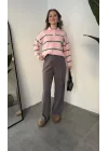 Pembe Çizgili Polo Yaka Çizgili Oversize Trend Kazak