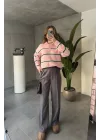 Pembe Çizgili Polo Yaka Çizgili Oversize Trend Kazak