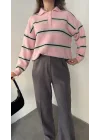 Pembe Çizgili Polo Yaka Çizgili Oversize Trend Kazak