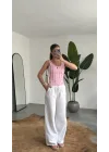 Pembe Dokulu Atlet Bluz – Sırt Dekolteli Esnek Fit Yazlık Kadın Bluz