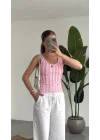 Pembe Dokulu Atlet Bluz – Sırt Dekolteli Esnek Fit Yazlık Kadın Bluz