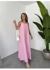 Pembe İp Askılı Tam Boy Rahat Kalıp Cepli Keten Elbise