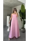 Pembe İp Askılı Tam Boy Rahat Kalıp Cepli Keten Elbise