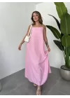 Pembe İp Askılı Tam Boy Rahat Kalıp Cepli Keten Elbise