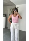 Pembe Jakarlı Sırt Dekolteli Crop Bluz