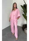 Pembe Keten Oversize Yarasa Kol Gömlek-Palazzo Pantolon İkili Takım