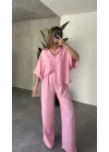Pembe Keten Oversize Yarasa Kol Gömlek-Palazzo Pantolon İkili Takım