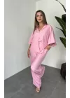 Pembe Keten Oversize Yarasa Kol Gömlek-Palazzo Pantolon İkili Takım