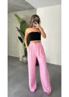 Pembe Keten Yüksek Bel Geniş Paça Palazzo Pantolon