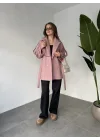 Pembe Kruvaze Oversize Astarlı Cepli Kuşaklı Kaşe Mont Kaban