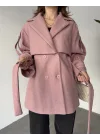 Pembe Kruvaze Oversize Astarlı Cepli Kuşaklı Kaşe Mont Kaban