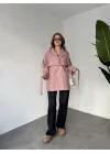 Pembe Kruvaze Oversize Astarlı Cepli Kuşaklı Kaşe Mont Kaban
