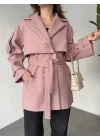 Pembe Kruvaze Oversize Astarlı Cepli Kuşaklı Kaşe Mont Kaban