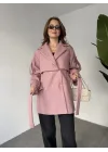 Pembe Kruvaze Oversize Astarlı Cepli Kuşaklı Kaşe Mont Kaban