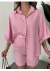 Pembe Oversize Keten Şort & Gömlek İkili Takım