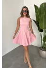 Pembe Sıfır Kol Volanlı Kloş Mini Elbise