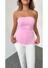 Pembe Yırtmaçlı Drapeli Straplez Crop Bluz