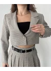 Pötikareli Tek Düğmeli Astarlı Crop Ceket