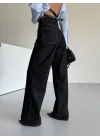 Sade Siyah Rins Yıkamalı Baggy Geniş Paça Yüksek Bel Oturtmalı Jean Kot Pantolon