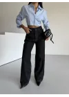 Sade Siyah Rins Yıkamalı Baggy Geniş Paça Yüksek Bel Oturtmalı Jean Kot Pantolon