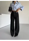 Sade Siyah Rins Yıkamalı Baggy Geniş Paça Yüksek Bel Oturtmalı Jean Kot Pantolon