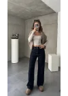 Sade Siyah Rins Yıkamalı Baggy Geniş Paça Yüksek Bel Wide Leg Jean Kot Pantolon