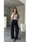 Sade Siyah Rins Yıkamalı Baggy Geniş Paça Yüksek Bel Wide Leg Jean Kot Pantolon