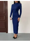Saks Mavisi Vucudu Saran Simli Parlak Büzgülü Drapeli Midi Boy Uzun Kollu Elbise